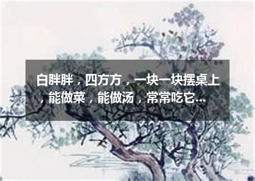 白胖胖，四方方，一块一块摆桌上，能做菜，能做汤，常常吃它有营养。（打一食物）